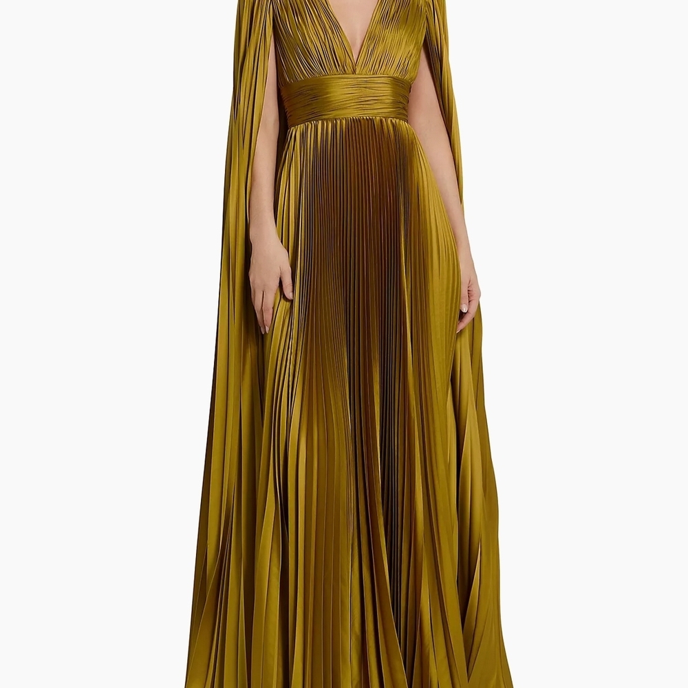 Mac Duggal Metallic Pleated Charmeuse Cape Gown Size 14